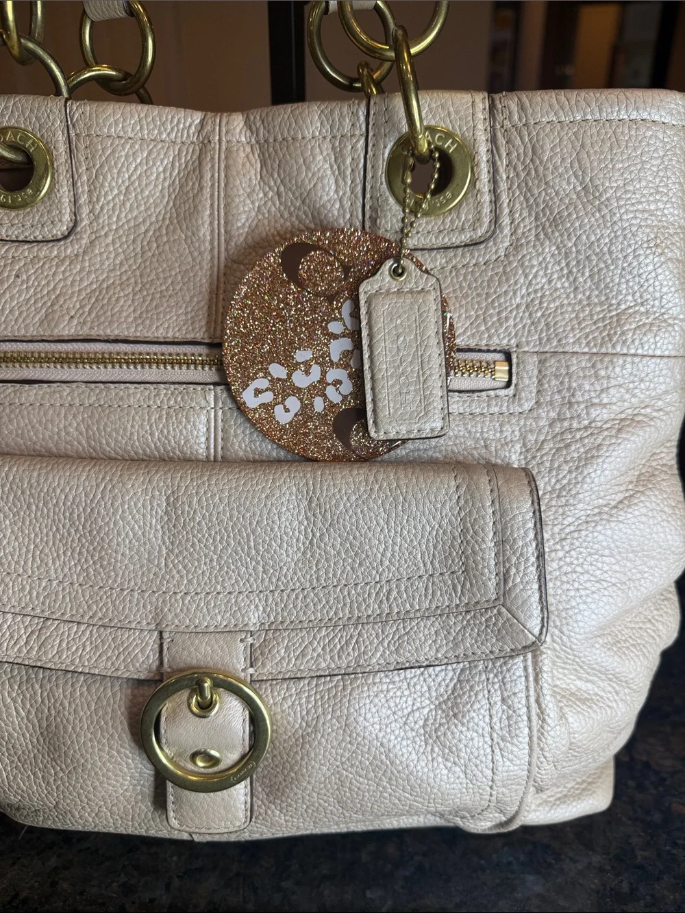 Coach Penelope Champagne Metallic Leather Shoulder Tote with Gold Hardware
